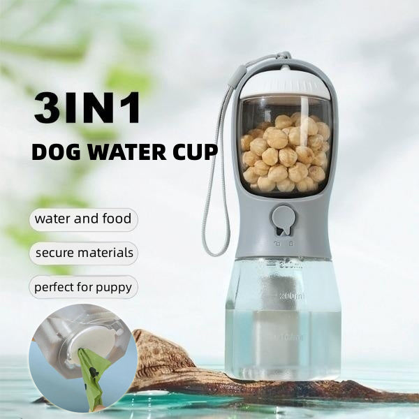 3-in-1 Hunde-Trinkflasche mit Futterbehälter und Kotbeutel-Fach