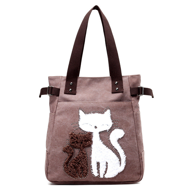 Canvas Handtasche mit niedlicher Katzen-Applikation – Strandtasche für Katzenliebhaber