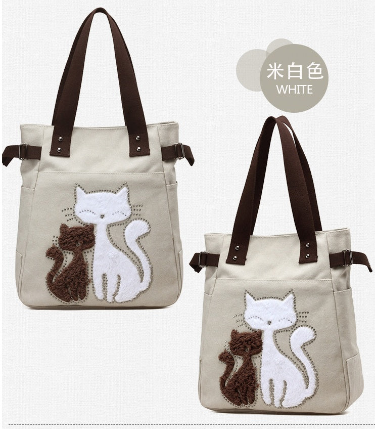 Canvas Handtasche mit niedlicher Katzen-Applikation – Strandtasche für Katzenliebhaber