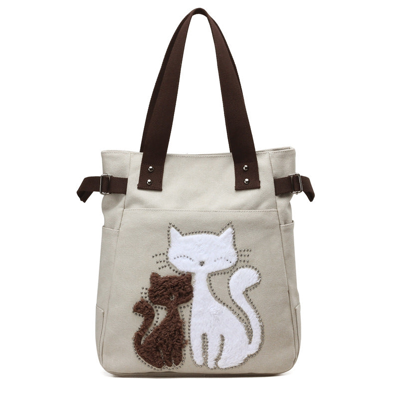 Canvas Handtasche mit niedlicher Katzen-Applikation – Strandtasche für Katzenliebhaber