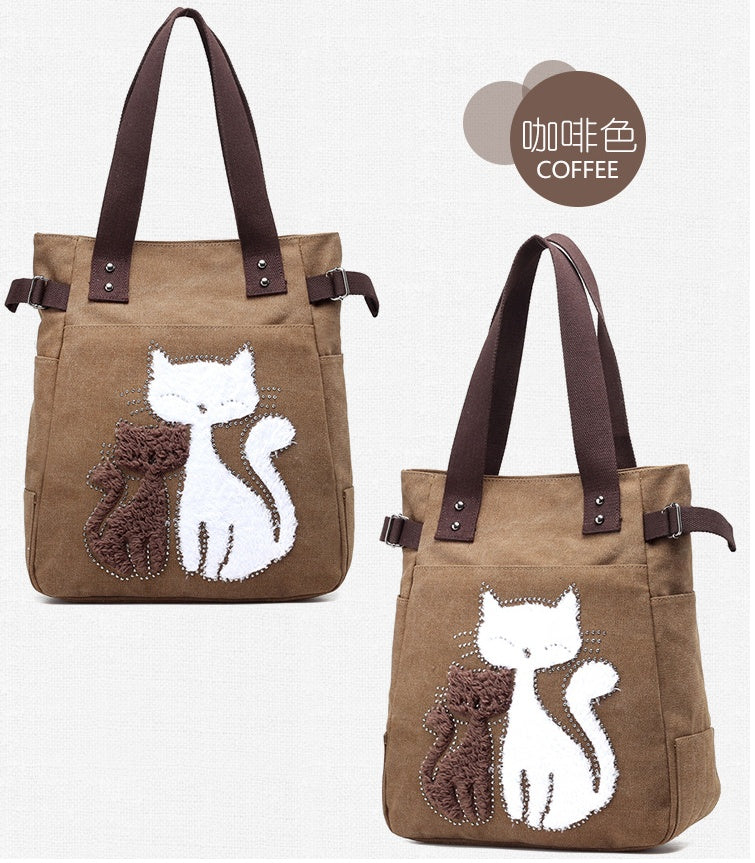 Canvas Handtasche mit niedlicher Katzen-Applikation – Strandtasche für Katzenliebhaber