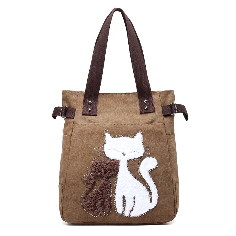 Canvas Handtasche mit niedlicher Katzen-Applikation – Strandtasche für Katzenliebhaber