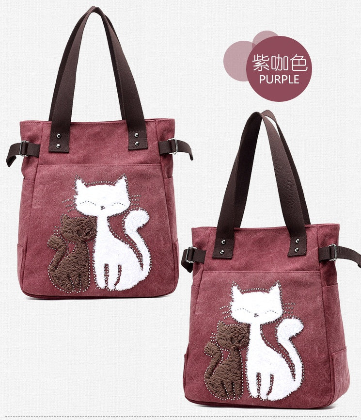 Canvas Handtasche mit niedlicher Katzen-Applikation – Strandtasche für Katzenliebhaber