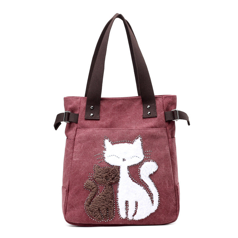 Canvas Handtasche mit niedlicher Katzen-Applikation – Strandtasche für Katzenliebhaber