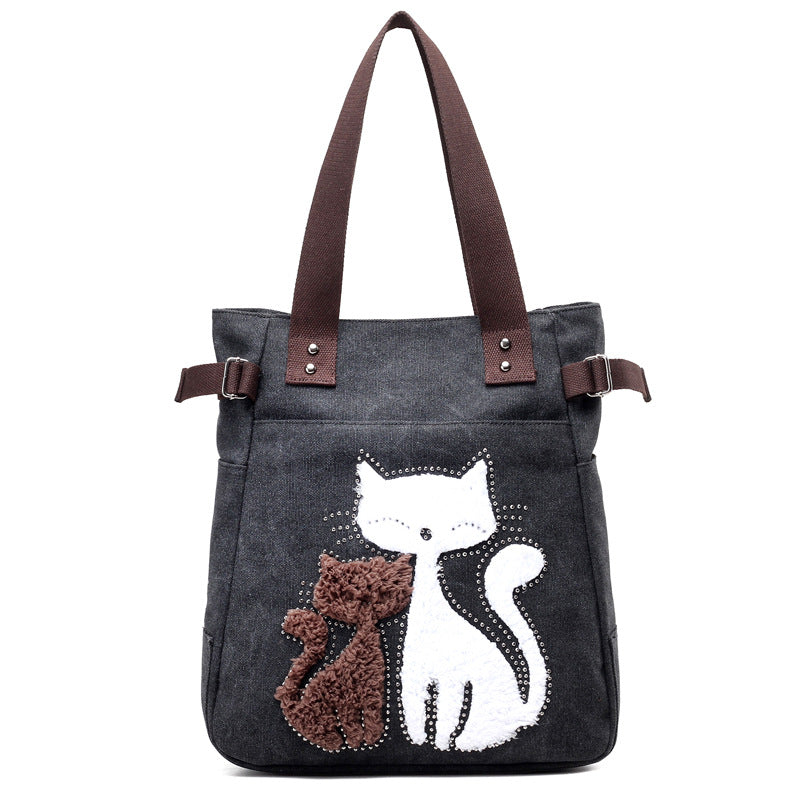 Canvas Handtasche mit niedlicher Katzen-Applikation – Strandtasche für Katzenliebhaber