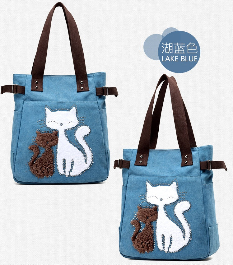 Canvas Handtasche mit niedlicher Katzen-Applikation – Strandtasche für Katzenliebhaber