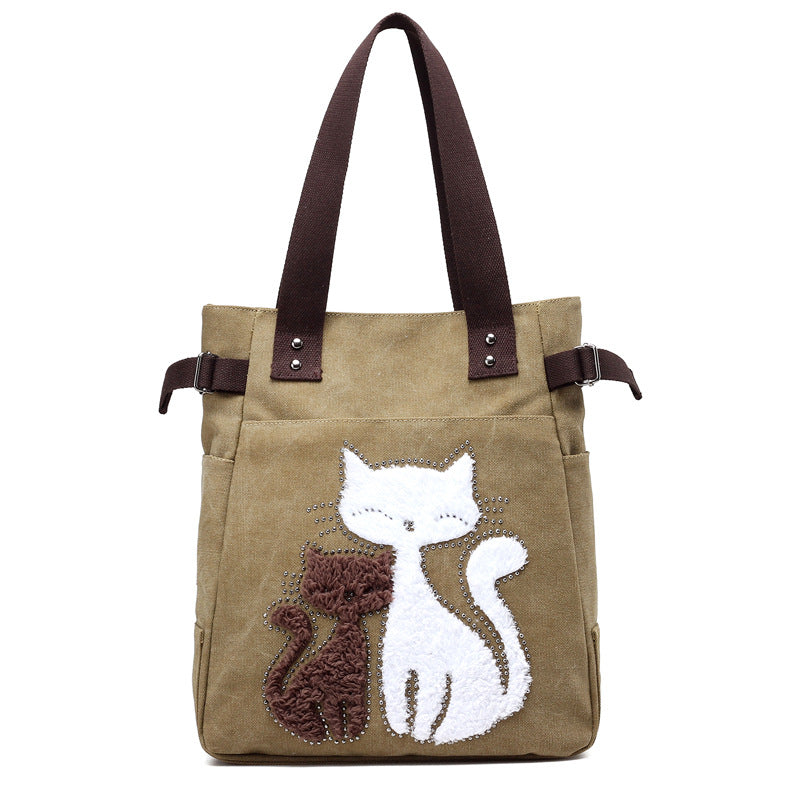 Canvas Handtasche mit niedlicher Katzen-Applikation – Strandtasche für Katzenliebhaber