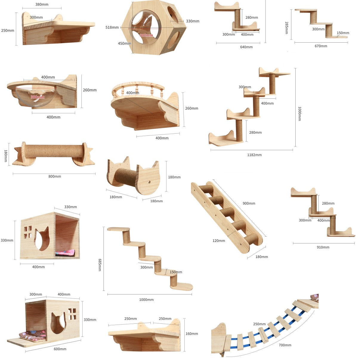 Katzen-Kletterwand aus Massivholz – modulares Wandregal-System