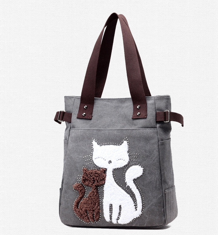 Canvas Handtasche mit niedlicher Katzen-Applikation – Strandtasche für Katzenliebhaber