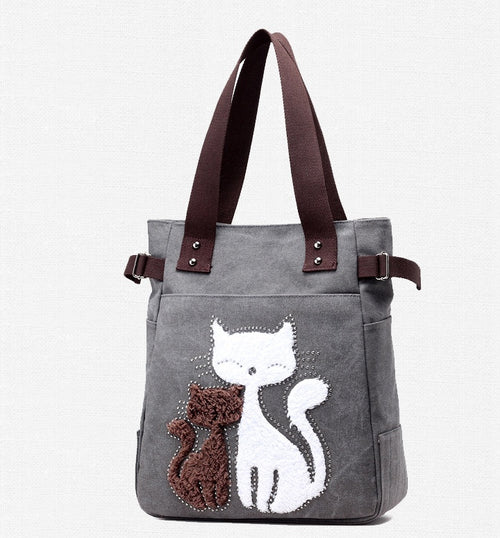 Canvas Handtasche mit niedlicher Katzen-Applikation – Strandtasche für Katzenliebhaber