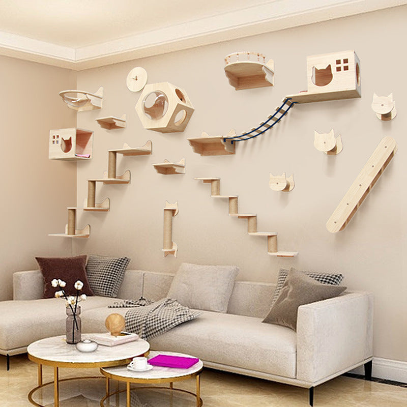 Katzen-Kletterwand aus Massivholz – modulares Wandregal-System
