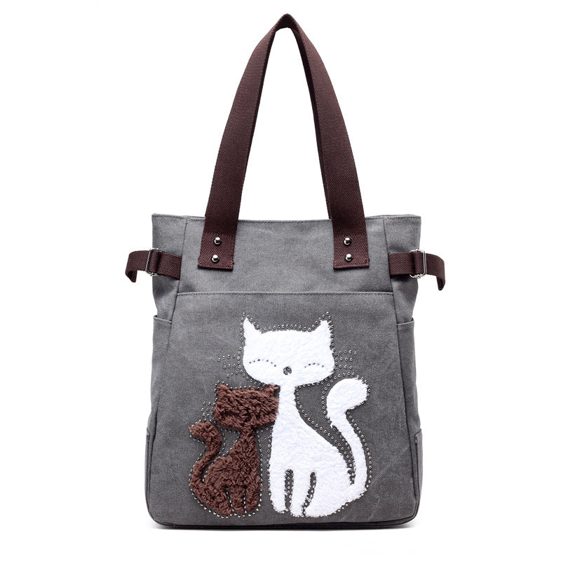Canvas Handtasche mit niedlicher Katzen-Applikation – Strandtasche für Katzenliebhaber