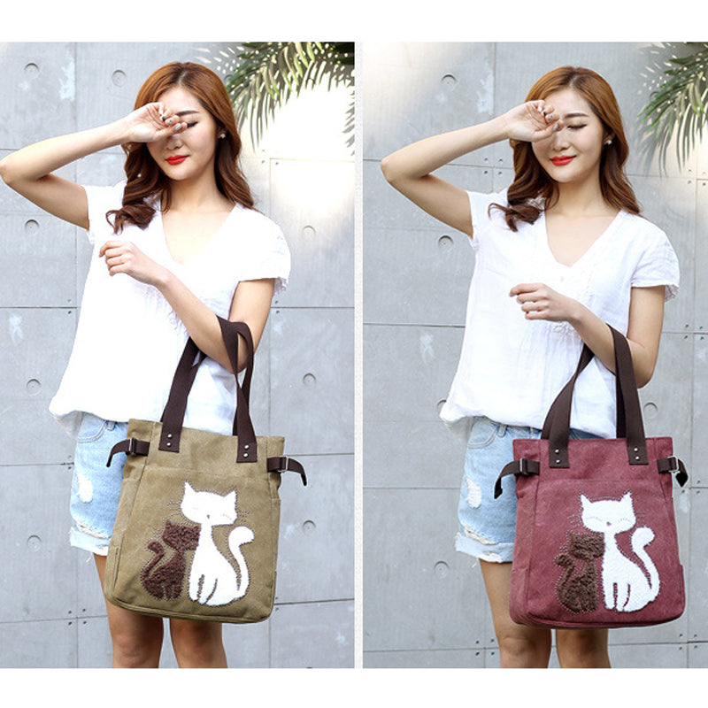 Canvas Handtasche mit niedlicher Katzen-Applikation – Strandtasche für Katzenliebhaber