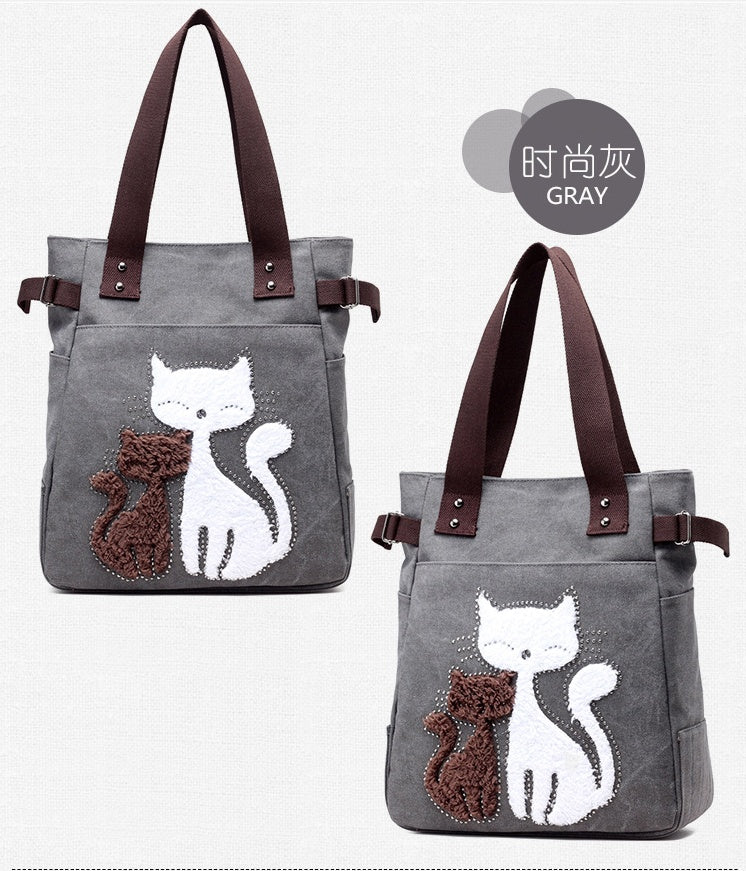 Canvas Handtasche mit niedlicher Katzen-Applikation – Strandtasche für Katzenliebhaber