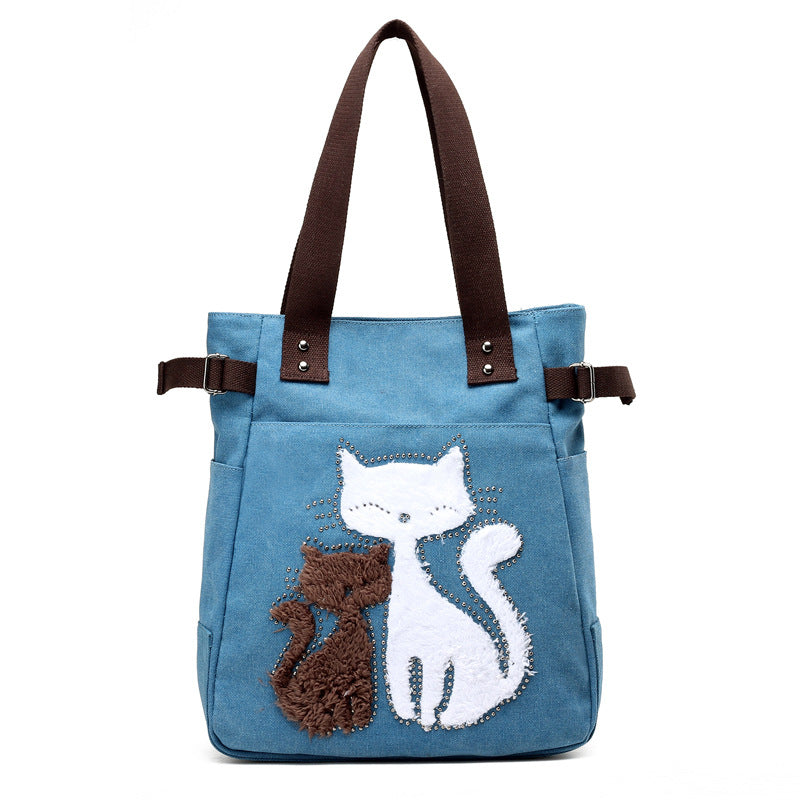 Canvas Handtasche mit niedlicher Katzen-Applikation – Strandtasche für Katzenliebhaber