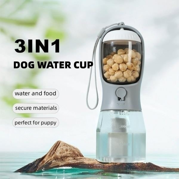3-in-1 Hunde-Trinkflasche mit Futterbehälter und Kotbeutel-Fach